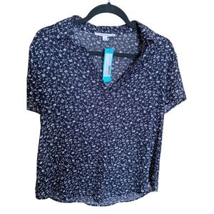 fun2fun Floral Blouse Collared Short‎ Sleeve Top Stitch Fix Black SP